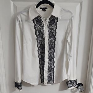 Karen Kane Ivory and Charcoal Lace Button Down Shirt